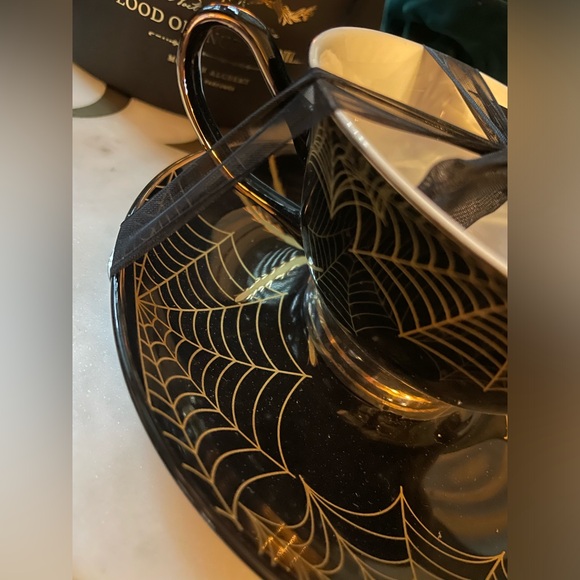 PARK CHATEAU NWOT Spider & Web Teacup And Saucer Set Black And White W/Gold Trim - Picture 8 of 10